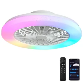 DLLT Low Profile Ceiling Fan with Light Smart Bladeless Ceiling Fans with RGB Lights Changing LED 3 Wind Speeds Festival Ambient Flush Mount Fan Light for Bedroom Livingroom Children's Room