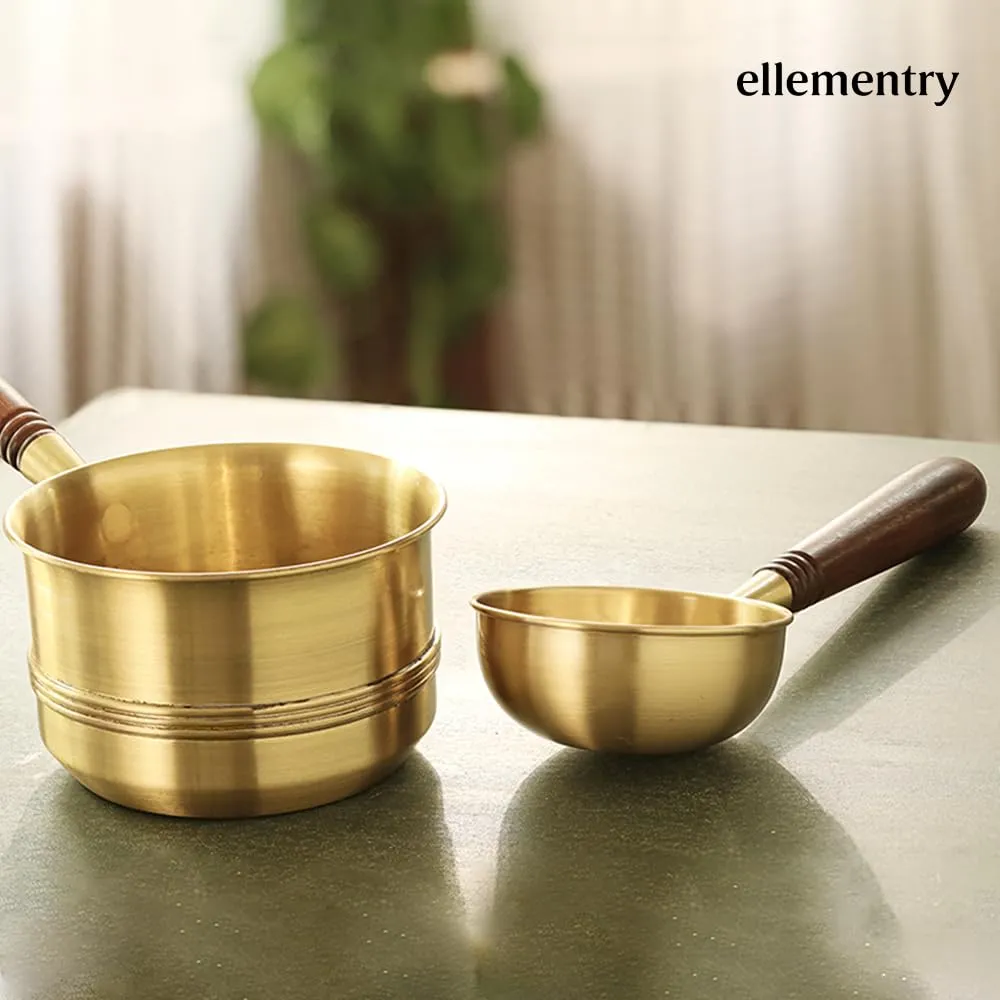 Ellementry Arra Brass Tadka Pan With Wooden Handle (250 Ml) | Vaghar/Chounk/Baghar/Vaghariya Pan For Spice Seasoning, Heating, Roasting And Frying Dal/Spices | Non-Toxic And Non-Stick Cookware - 30 Cm