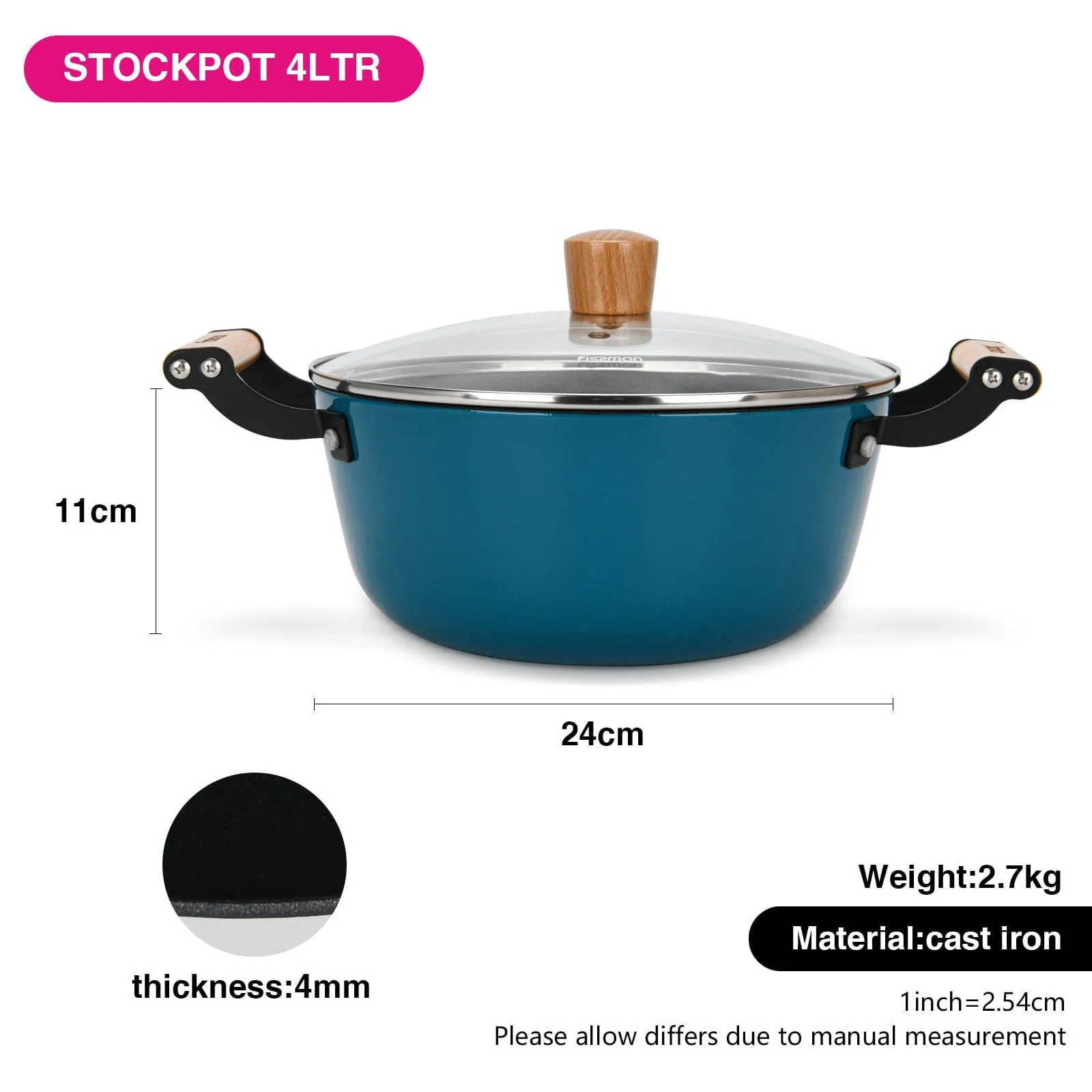 Fissman Stockpot Seagreen Series Series With Glass Lid Enamelled Lightweight Cast Iron With Non-Stick Coating 24x11cm/4LTR