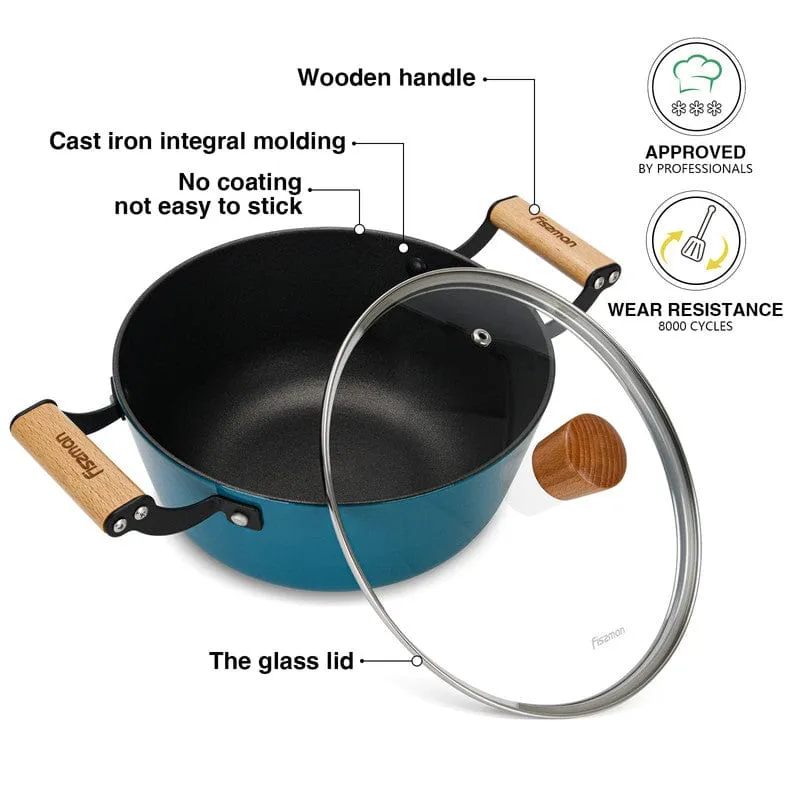 Fissman Stockpot Seagreen Series Series With Glass Lid Enamelled Lightweight Cast Iron With Non-Stick Coating 24x11cm/4LTR