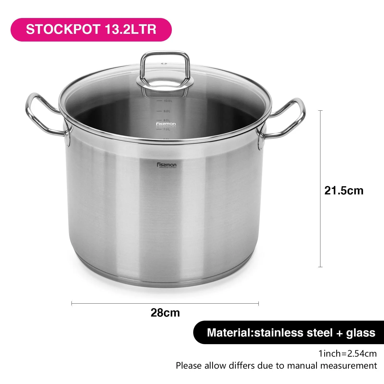 Fissman Stockpot With Glass Lid Tahara Series Stainless Steel 28x13cm/13.2LTR Clear/Silver