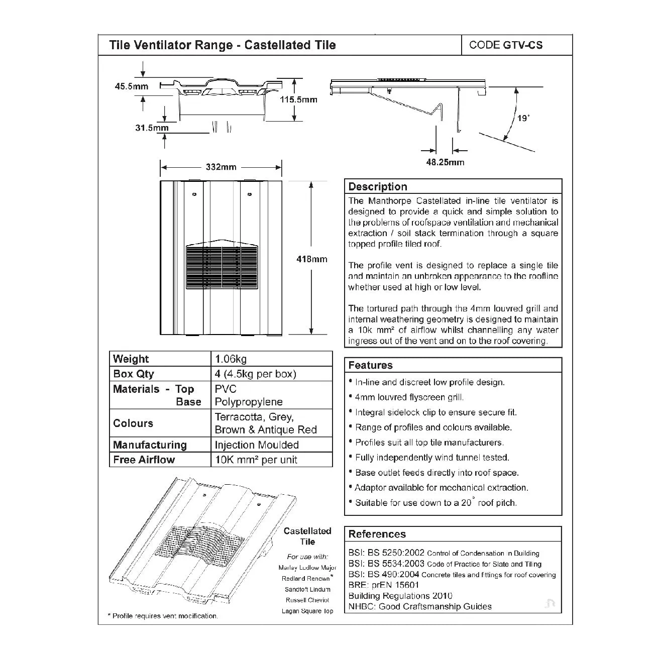 Grey Castellated Roof Tile Vent & Adapter for Marley Ludlow Redland