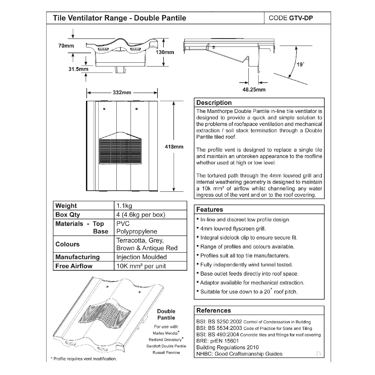 Grey Double Pantile Roof Tile Vent & Adapter for Marley Redland Sandtoft