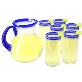 Hand Blown Blue Rimmed Drinking Glasses and Pitcher – Set of 6