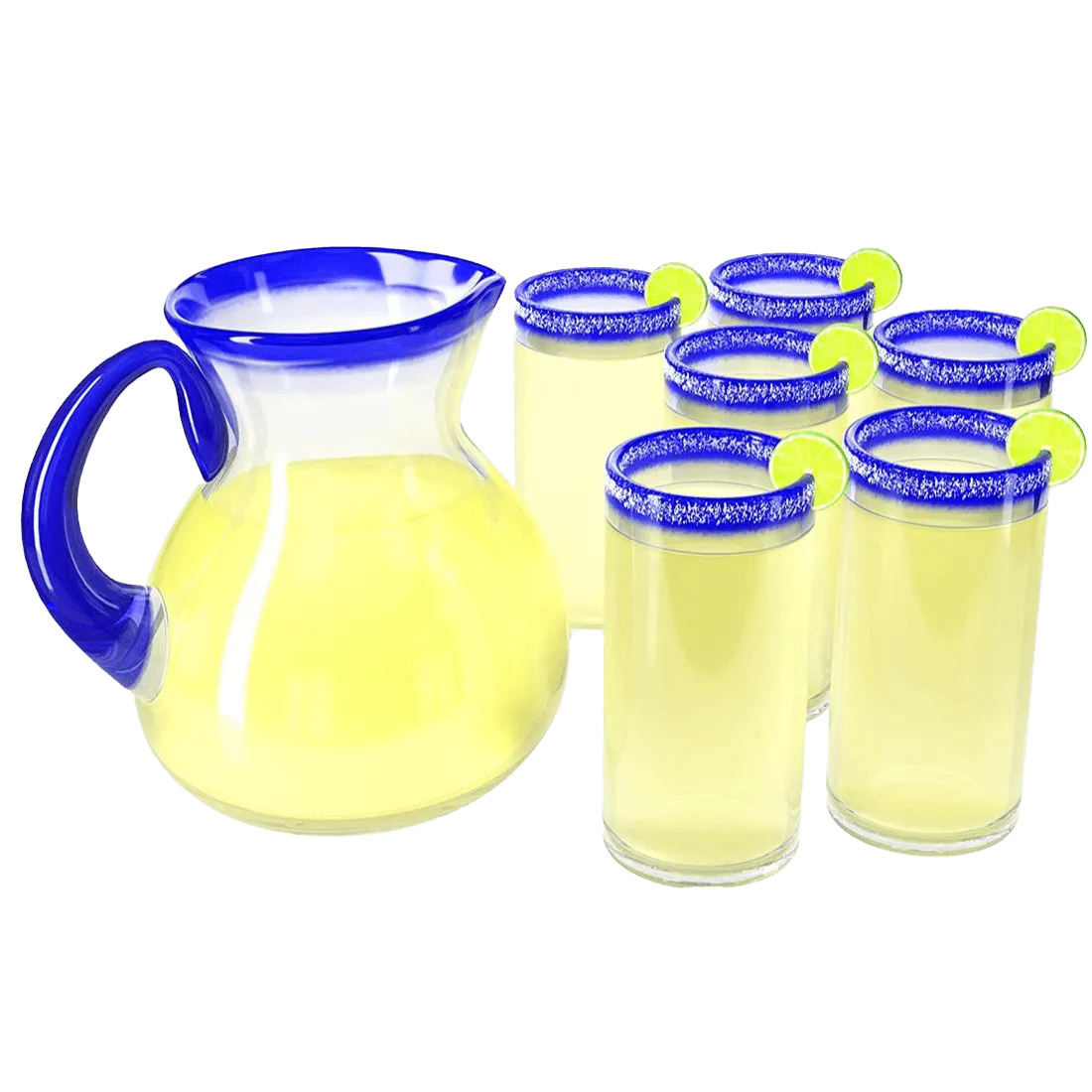 Hand Blown Blue Rimmed Drinking Glasses and Pitcher – Set of 6