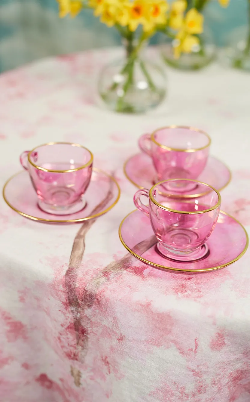 Handblown Glass Espresso Cup and Saucer in Pink with Gold Rim