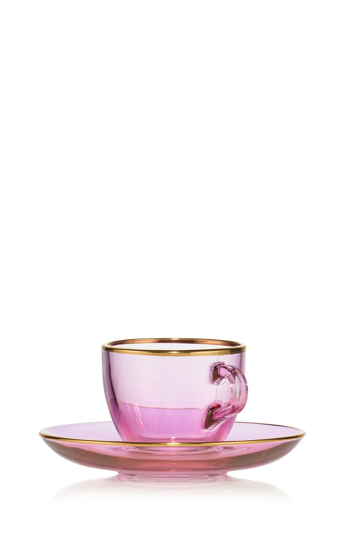 Handblown Glass Espresso Cup and Saucer in Pink with Gold Rim