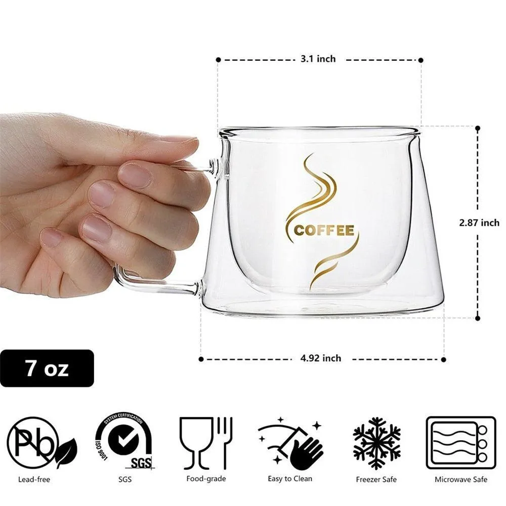 Heat Insulation Glass Coffee Mug, Double Wall Glass Coffee Tea Cups Drinkware Milk, 6.8oz/200ml Espresso Coffee Milk Latte Cup