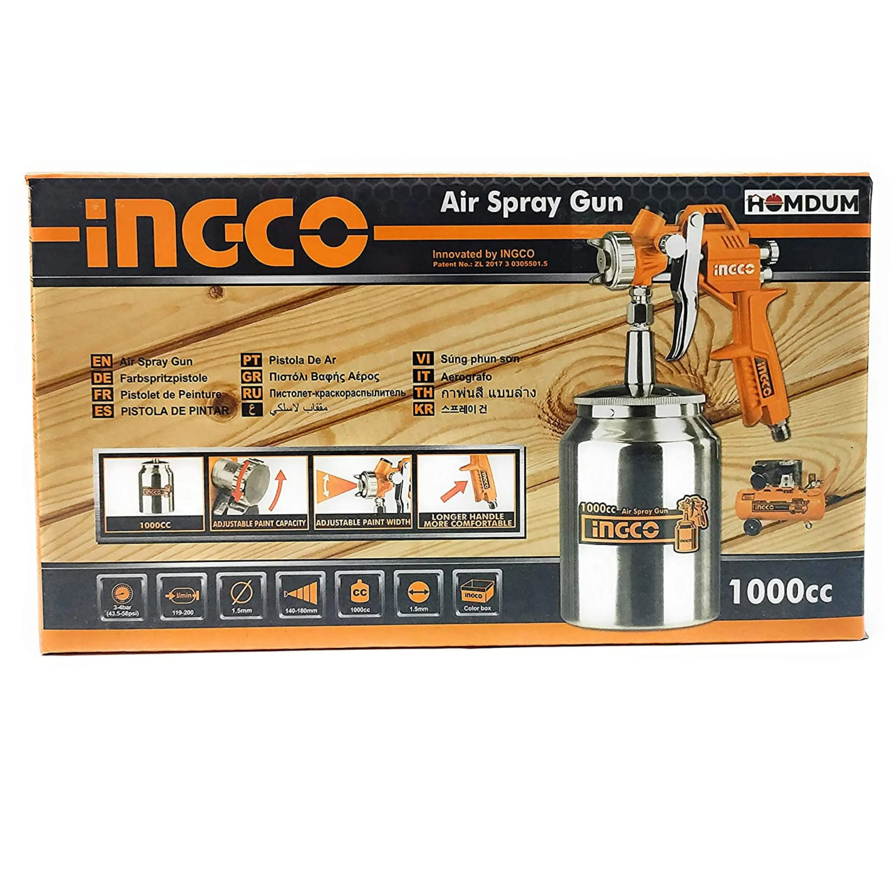 INGCO Air Spray Gun, 1000ml Capacity Spray Gun, 3-4 Bar Operating Pressure, 1.5mm Nozzles Stainless Steel, 200 l/min,Pneumatic Tool Suitable for Base Coat Spray Gun for Auto Paint, Primer