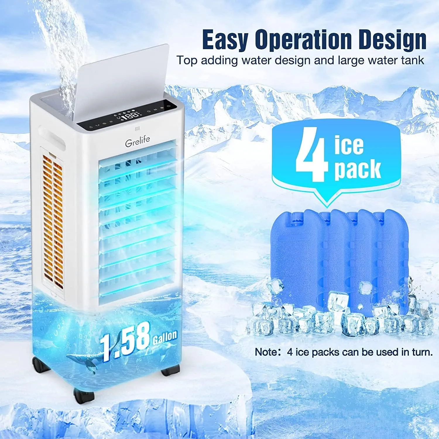 ITEM# 0072  Portable Evaporative Air Cooler, 3-IN-1 Air Cooler with Fan & Humidifier, Oscillation Swamp Cooler with 3 Wind Speeds, 3 Modes, 4 Ice Packs, 12H Timer, Remote, for Bedroom Office Home  (Watch Video)