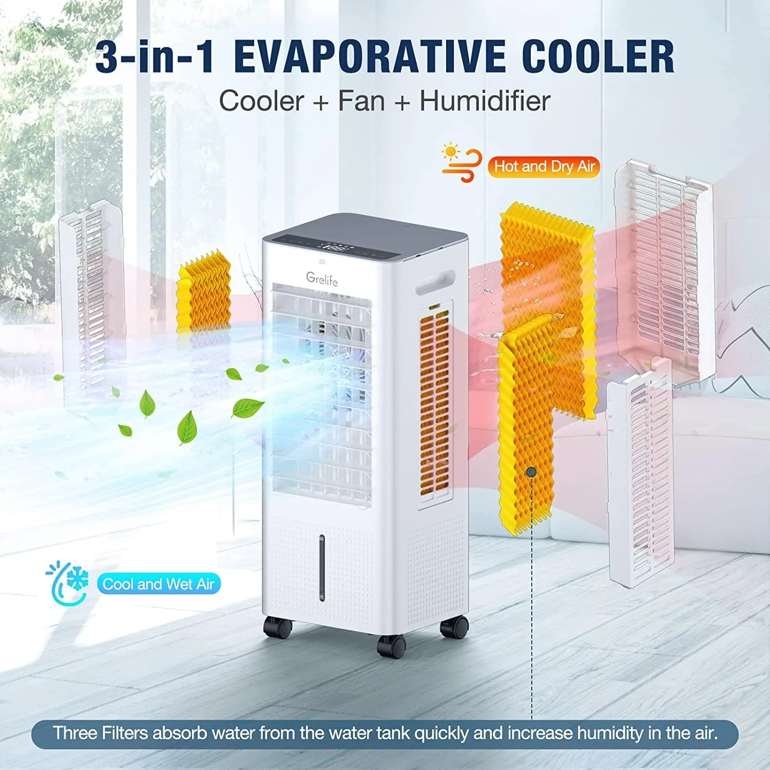 ITEM# 0072  Portable Evaporative Air Cooler, 3-IN-1 Air Cooler with Fan & Humidifier, Oscillation Swamp Cooler with 3 Wind Speeds, 3 Modes, 4 Ice Packs, 12H Timer, Remote, for Bedroom Office Home  (Watch Video)