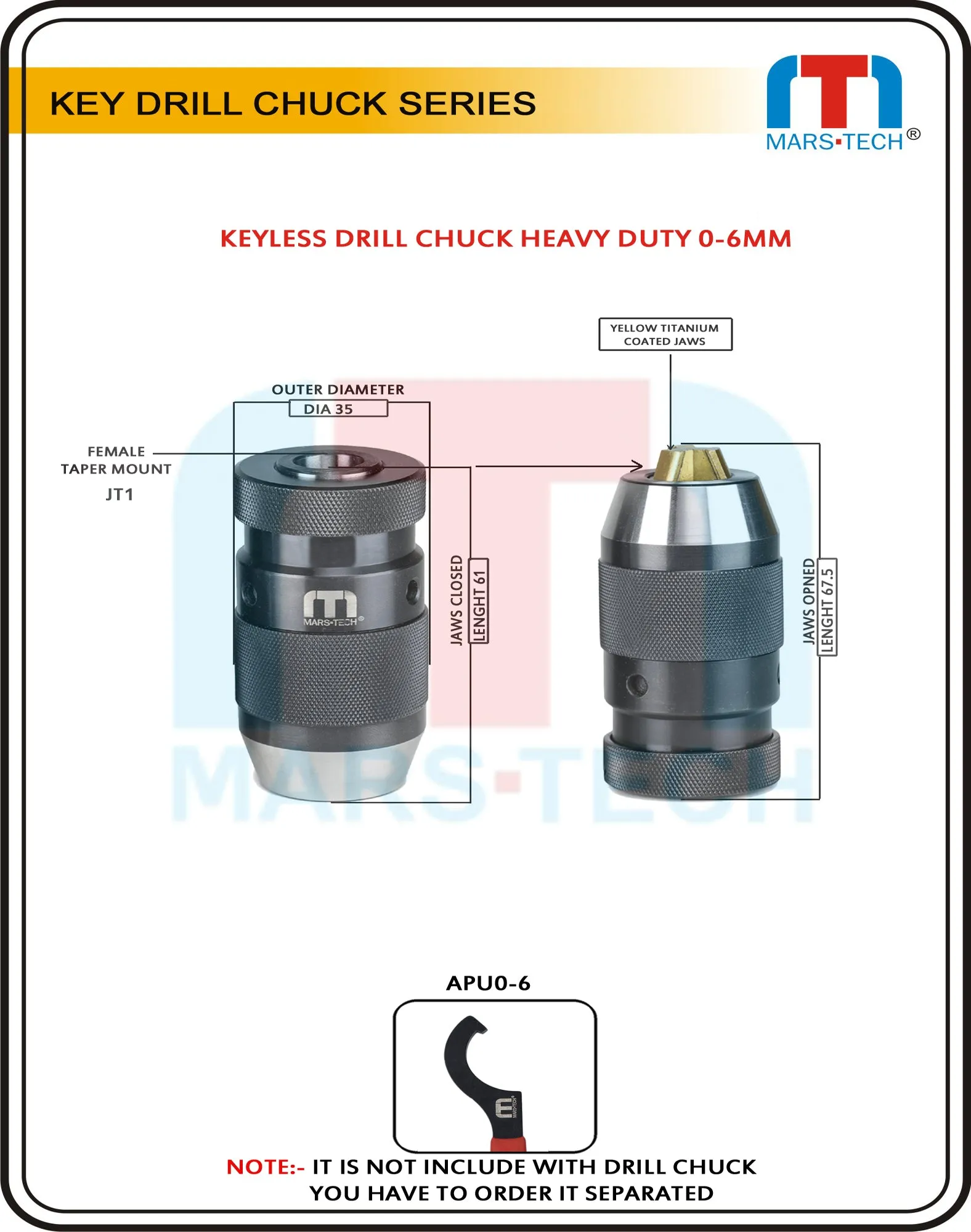 Keyless Drill Chuck 0-6mm JT1 taper Heavy Duty yellow coated jaws pack of 1