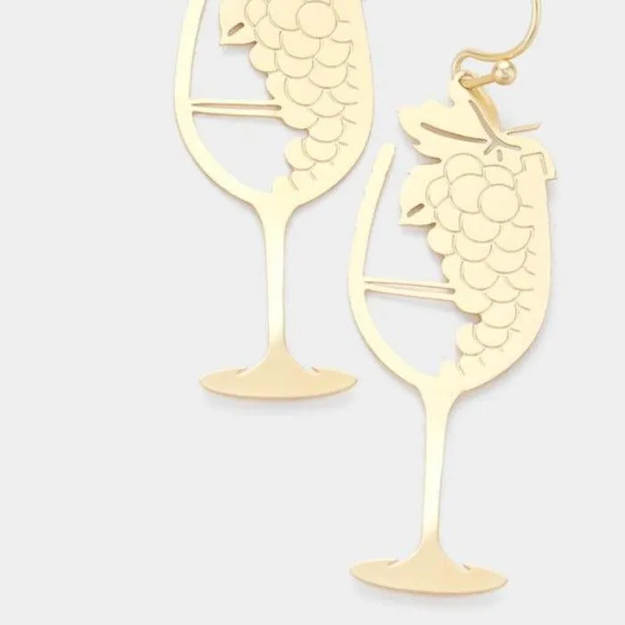 Matte Gold Tone Grape Champagne Glass Earrings