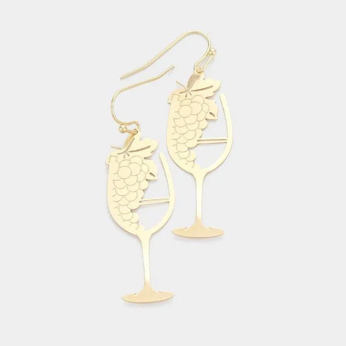 Matte Gold Tone Grape Champagne Glass Earrings