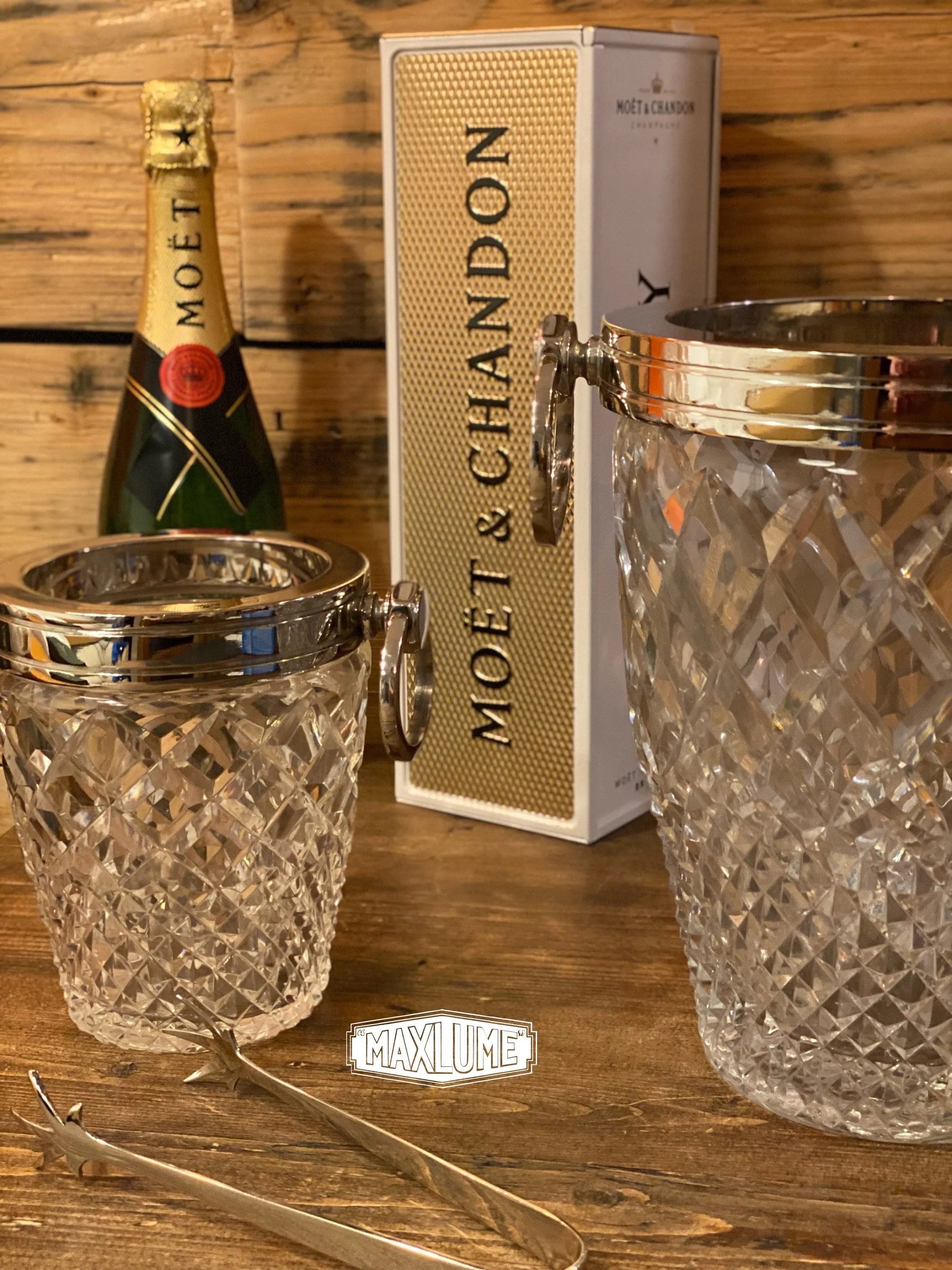 Maxlume ~ Luxury 3 Piece Solid Glass Hand Cut Engraved Wine & Ice Cooler Champagne Glass Bucket French