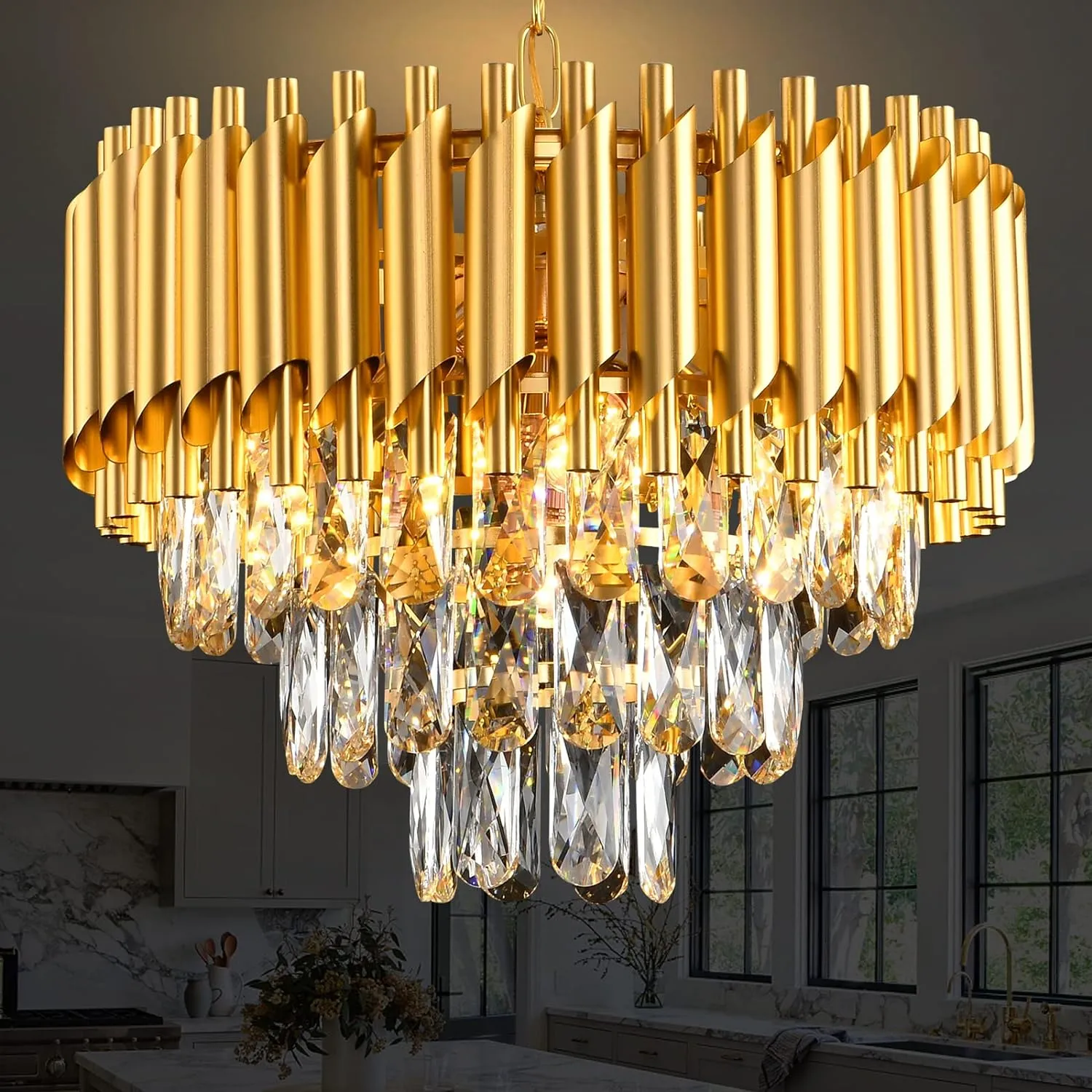 Modern Crystal Chandeliers 5 Tier, Round Crystal Chandeliers Light Fixture 12 Lights