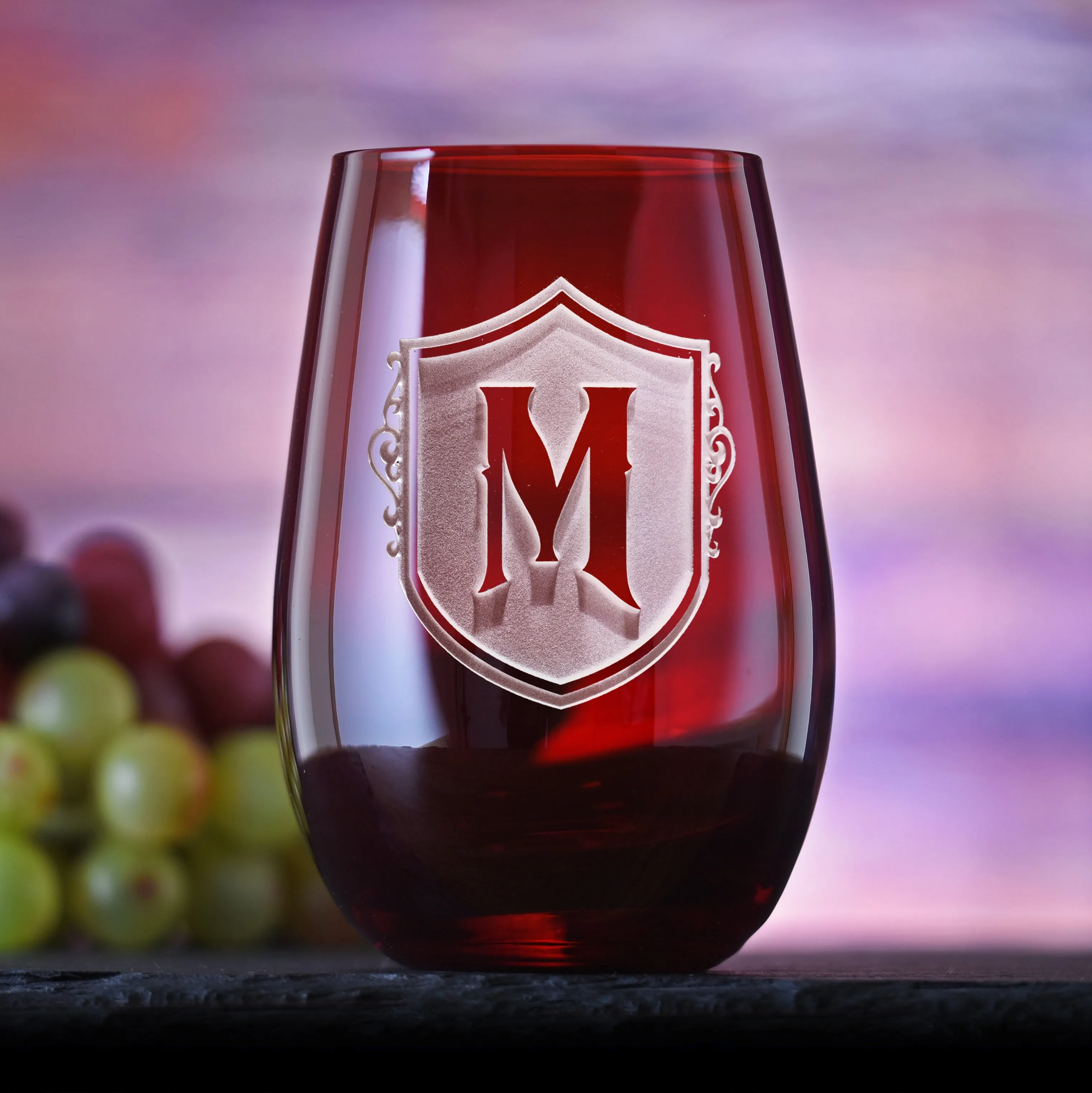 Monogrammed Red Stemless Wine Glass Tumbler by Crystal Imagery