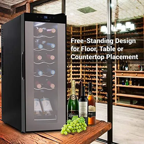 Nutrichef PKCWC120 Refrigerator-White & Red Chiller Countertop Cooler-Freestanding Compact Mini Wine Fridge 12 Bottle Capacity, Digital Control, Glass Door