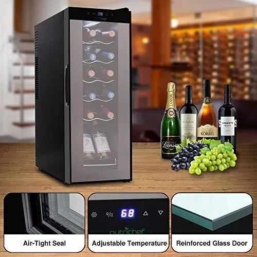 Nutrichef PKCWC120 Refrigerator-White & Red Chiller Countertop Cooler-Freestanding Compact Mini Wine Fridge 12 Bottle Capacity, Digital Control, Glass Door