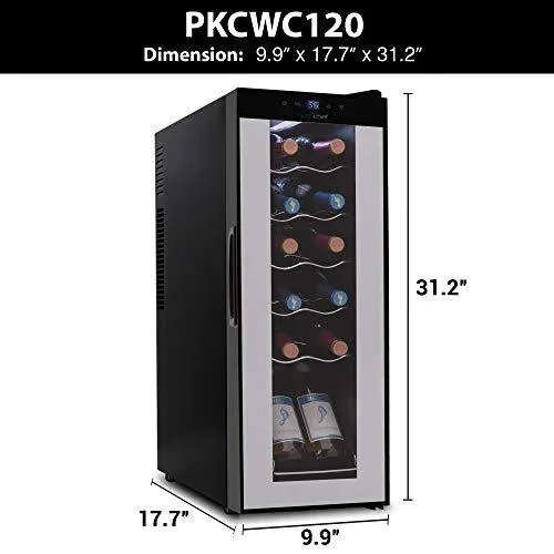 Nutrichef PKCWC120 Refrigerator-White & Red Chiller Countertop Cooler-Freestanding Compact Mini Wine Fridge 12 Bottle Capacity, Digital Control, Glass Door