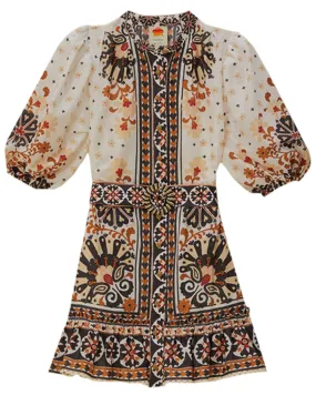 Off White Flower Fan Tapestry Mini Dress