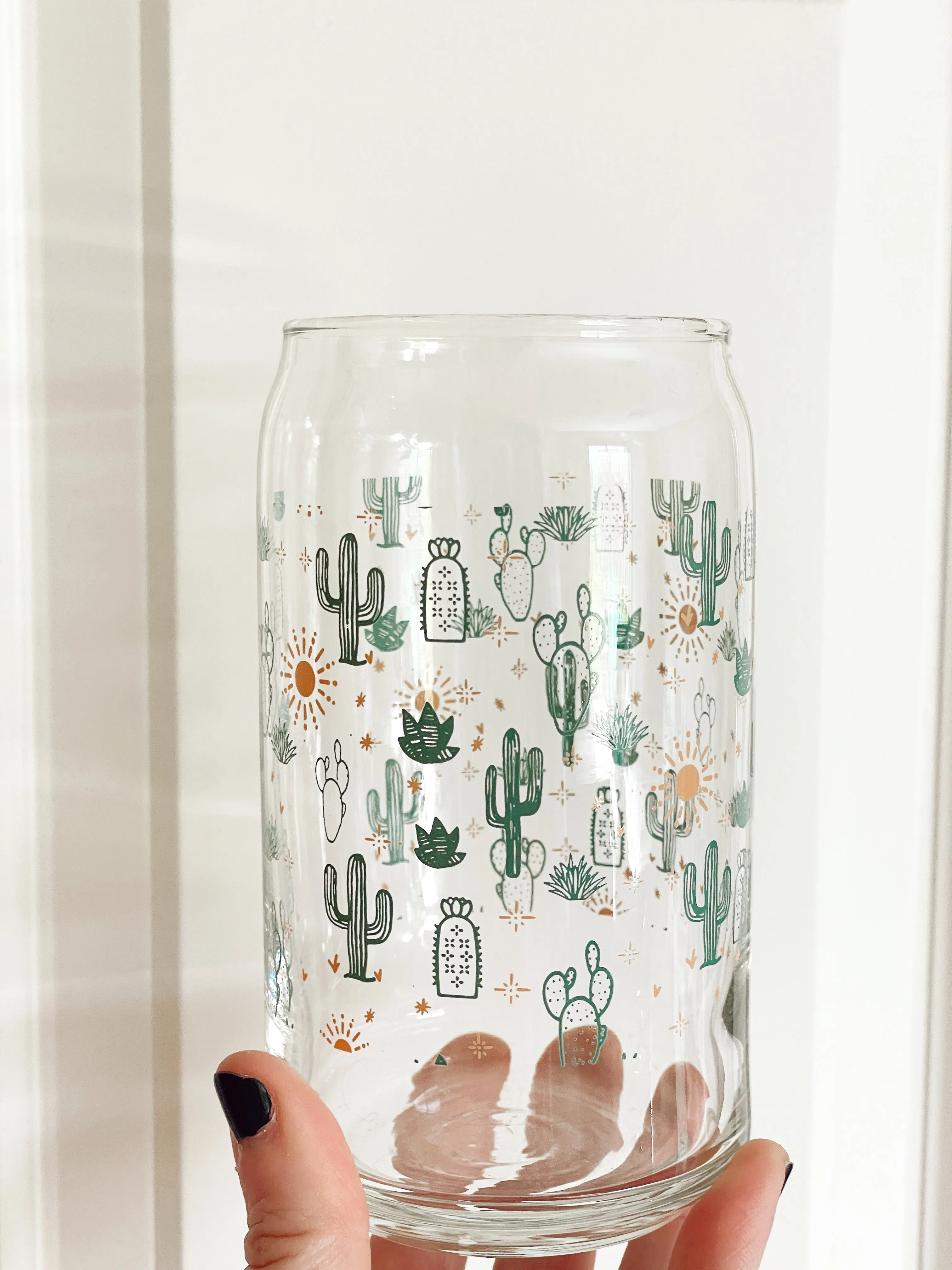 Prickly Cactus Glass Latte Can With Bamboo Lid   Glass Straw