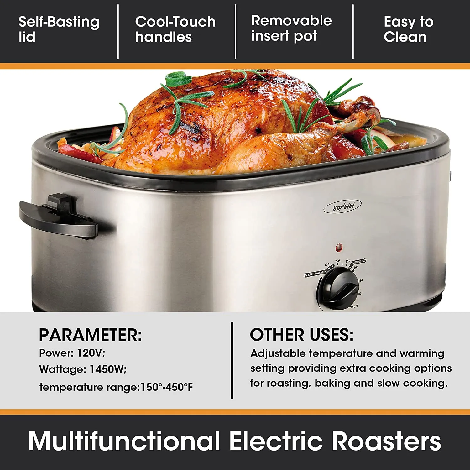 Roaster Oven, Electric Roaster Oven with Viewing Lid, Sunvivi Turkey Roaster with Unique Defrost/Warm Function, Large Roaster with with Removable Pan & Rack , Stainless Steel