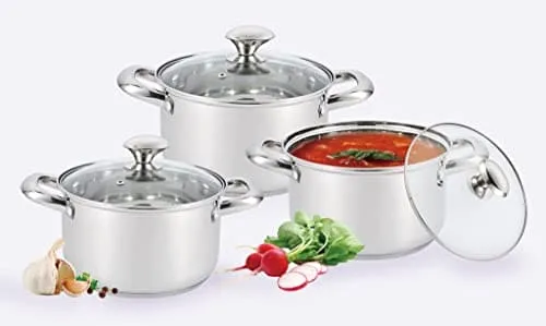 Royal Cuisine 3 Piece Set Stainless Steel Stock Pot Set 24cm Diameter 6.5 litre volume,26cm Diameter, 8 Litre Volume. 28cm Diameter, 10 Litre Volume.