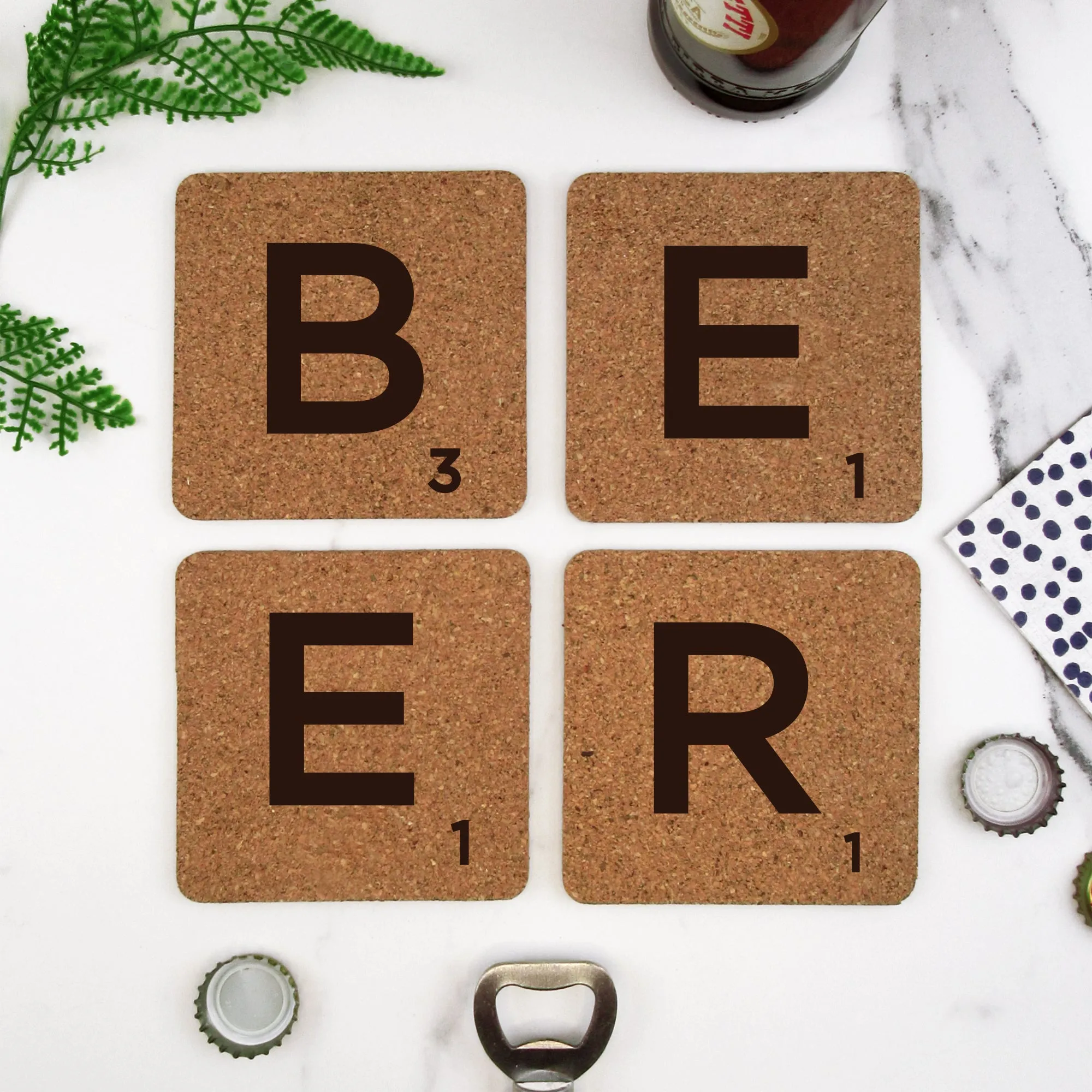 Set of 4 Cork "BEER" Scrabble Letter Tile Alphabet Drinks Coasters