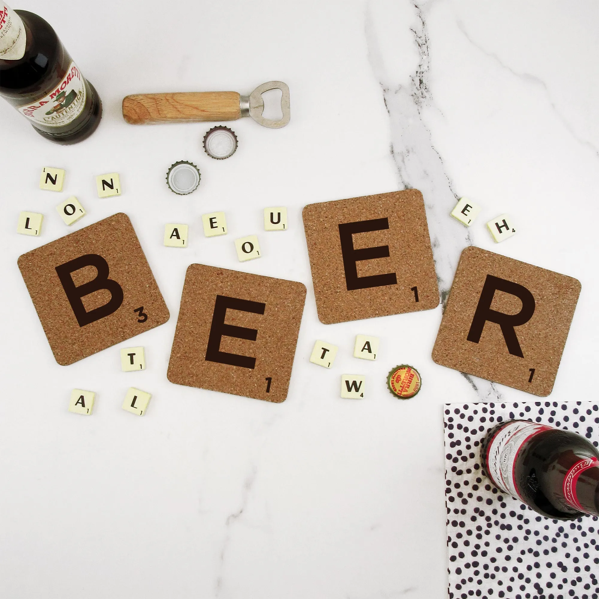 Set of 4 Cork "BEER" Scrabble Letter Tile Alphabet Drinks Coasters