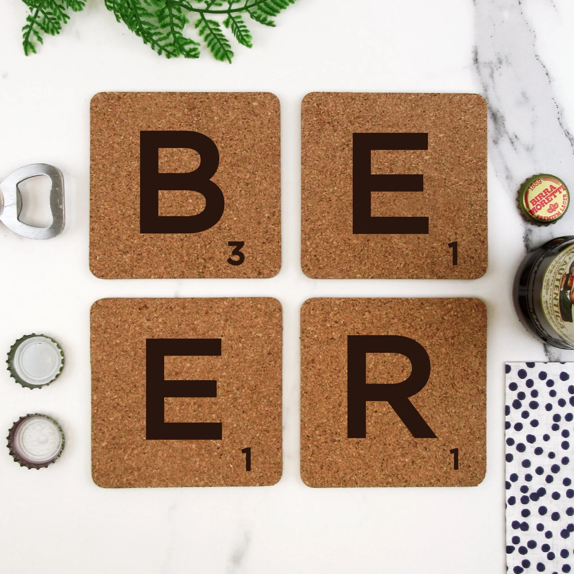 Set of 4 Cork "BEER" Scrabble Letter Tile Alphabet Drinks Coasters