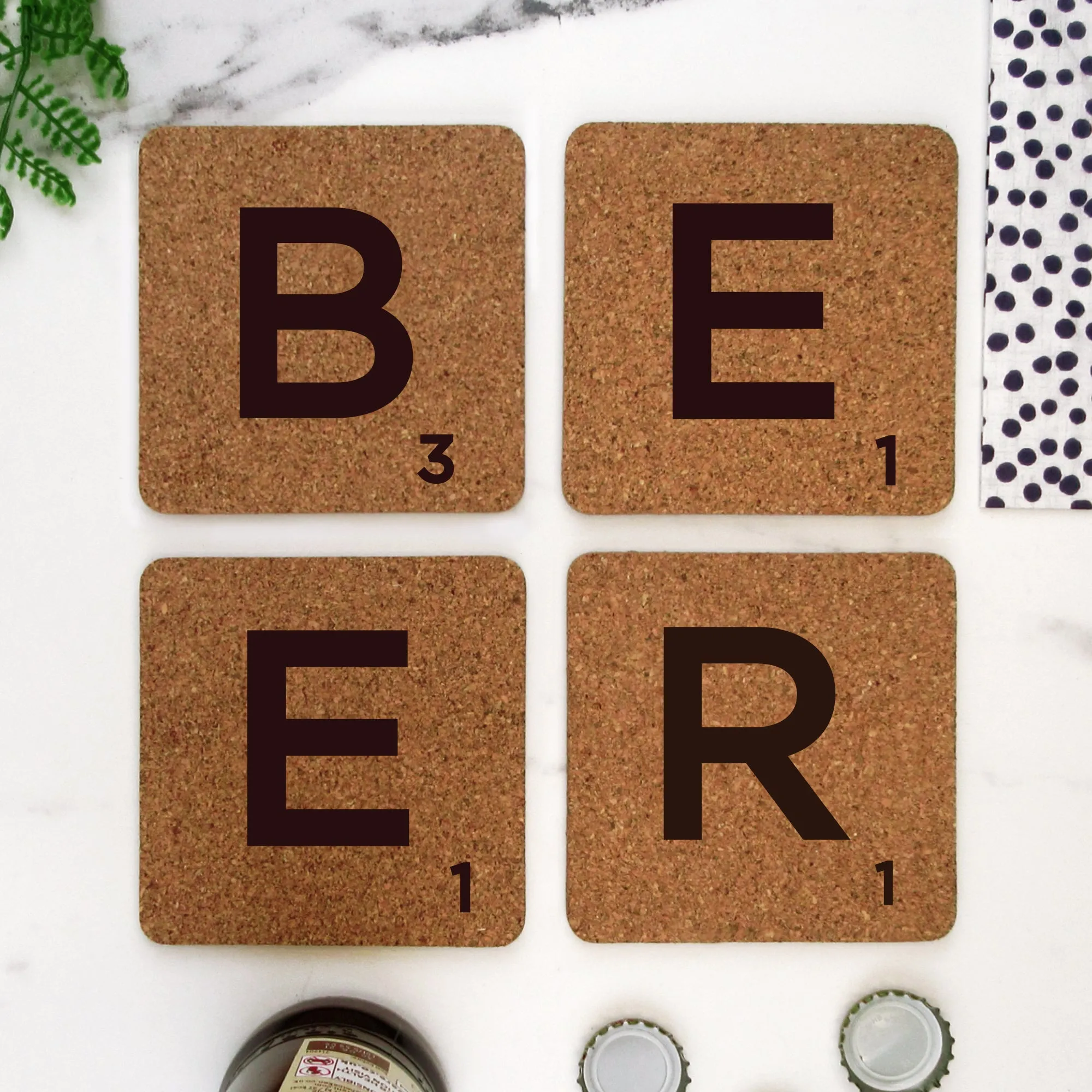 Set of 4 Cork "BEER" Scrabble Letter Tile Alphabet Drinks Coasters