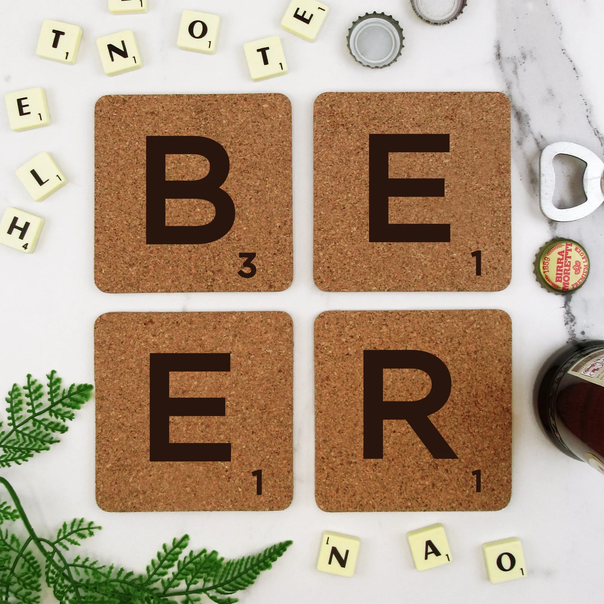 Set of 4 Cork "BEER" Scrabble Letter Tile Alphabet Drinks Coasters