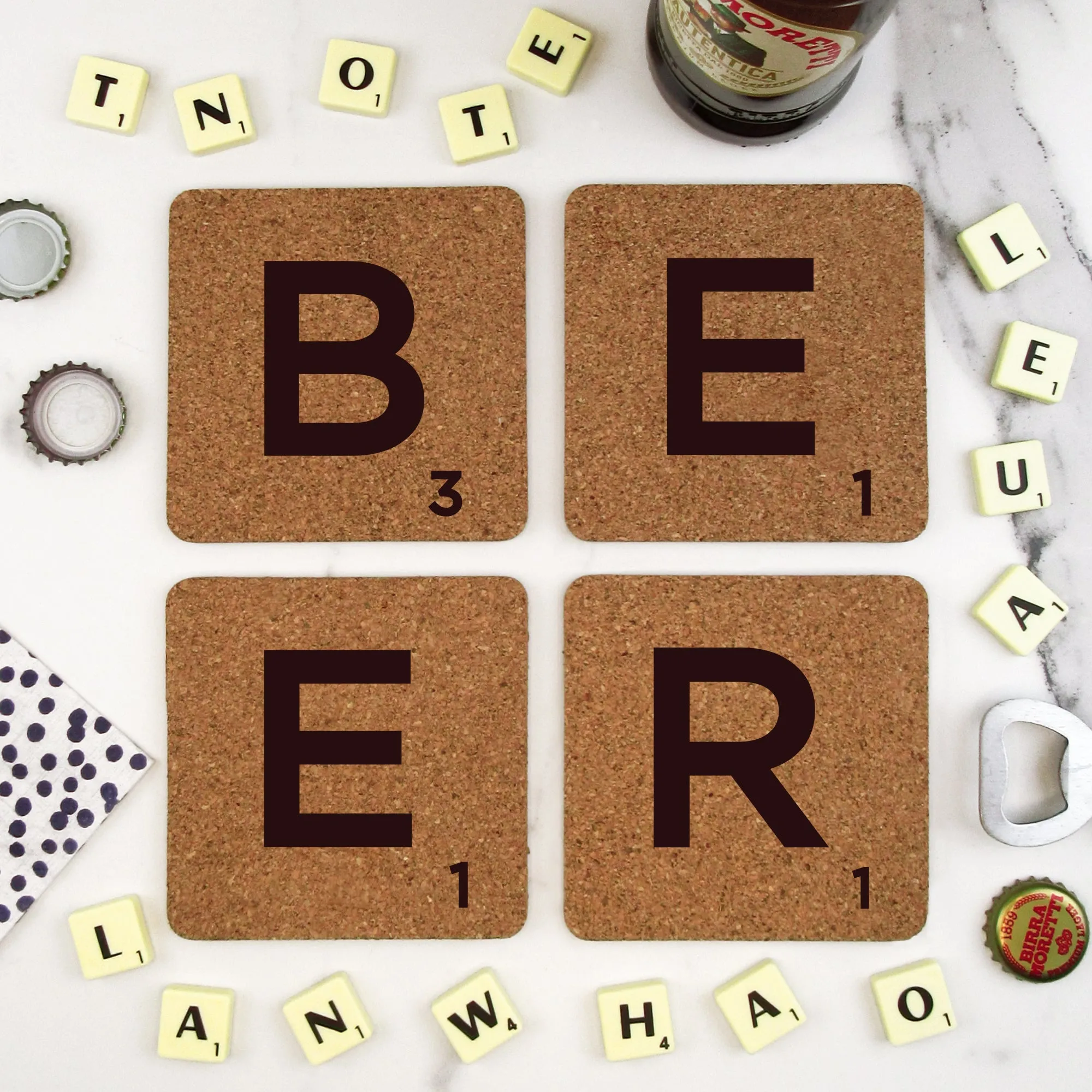 Set of 4 Cork "BEER" Scrabble Letter Tile Alphabet Drinks Coasters