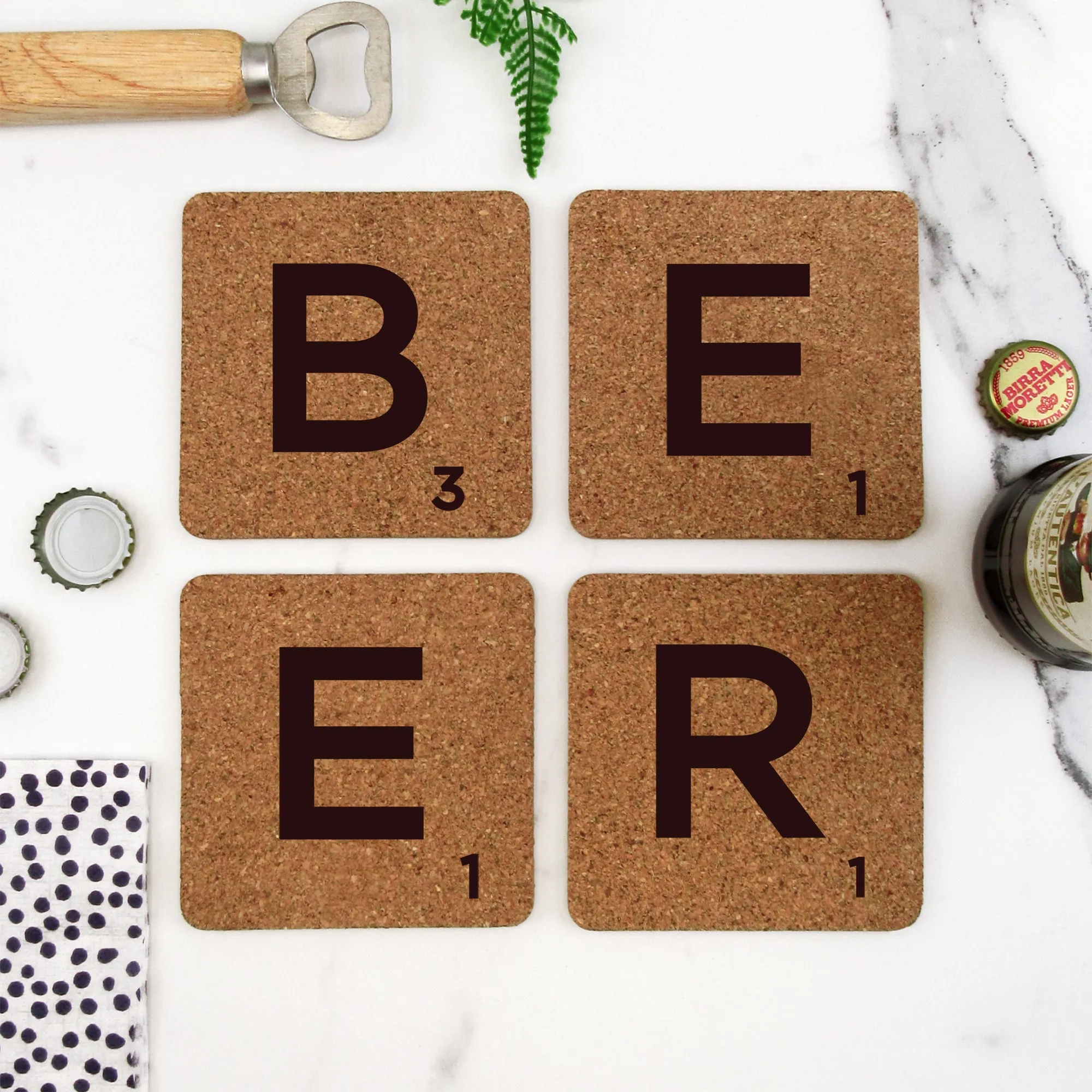 Set of 4 Cork "BEER" Scrabble Letter Tile Alphabet Drinks Coasters