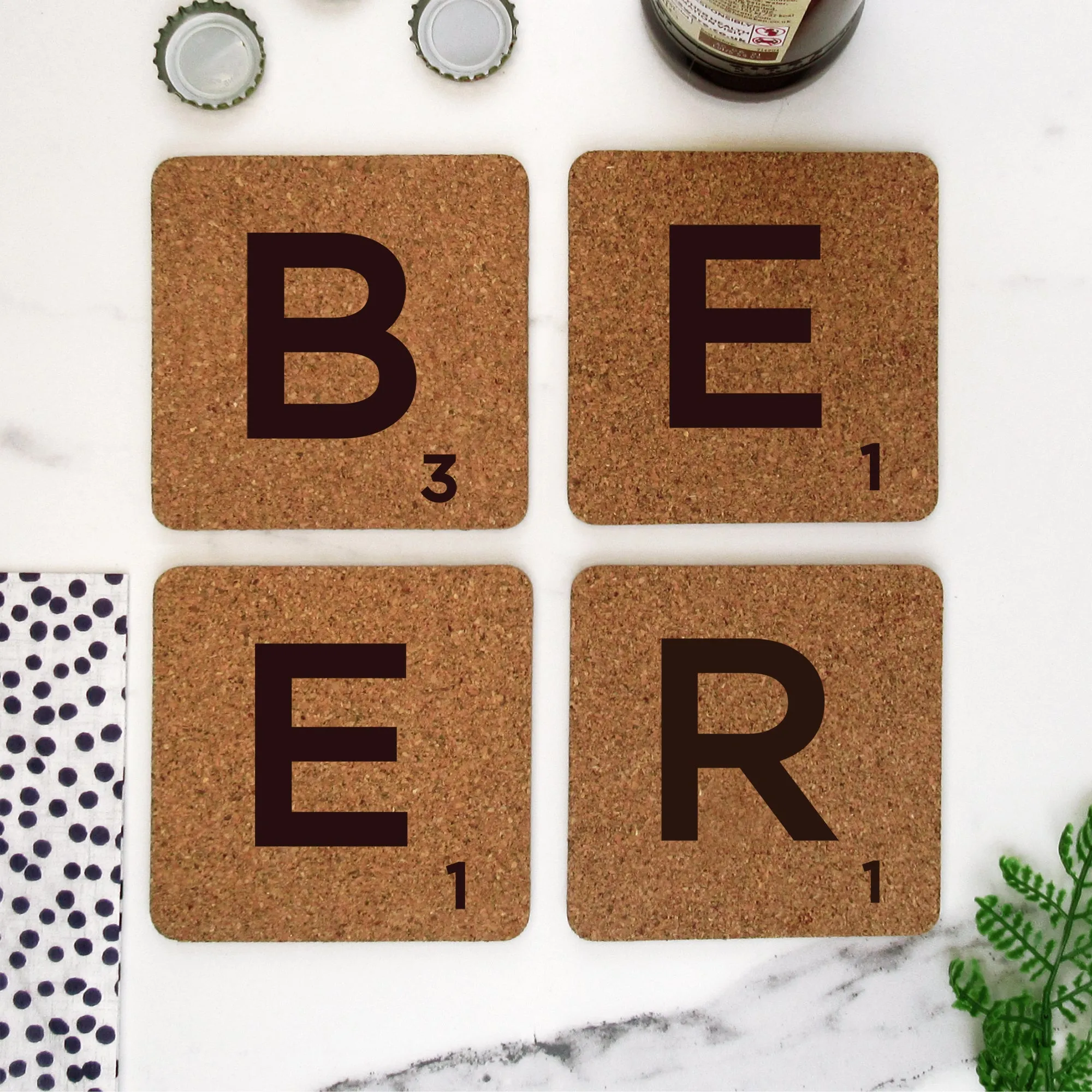 Set of 4 Cork "BEER" Scrabble Letter Tile Alphabet Drinks Coasters