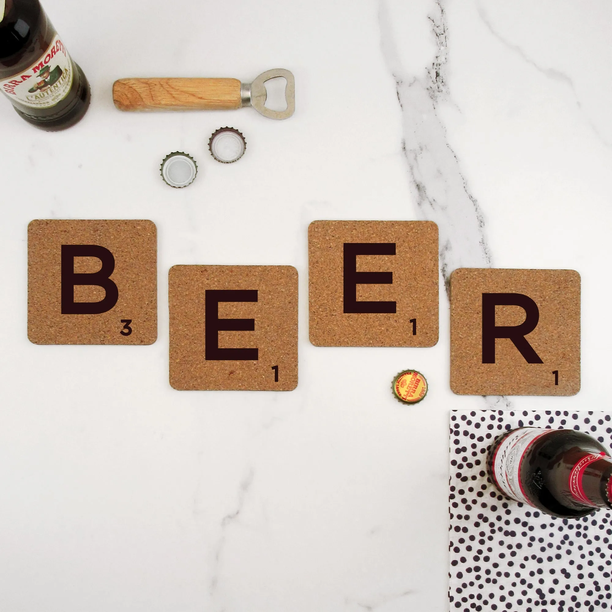 Set of 4 Cork "BEER" Scrabble Letter Tile Alphabet Drinks Coasters