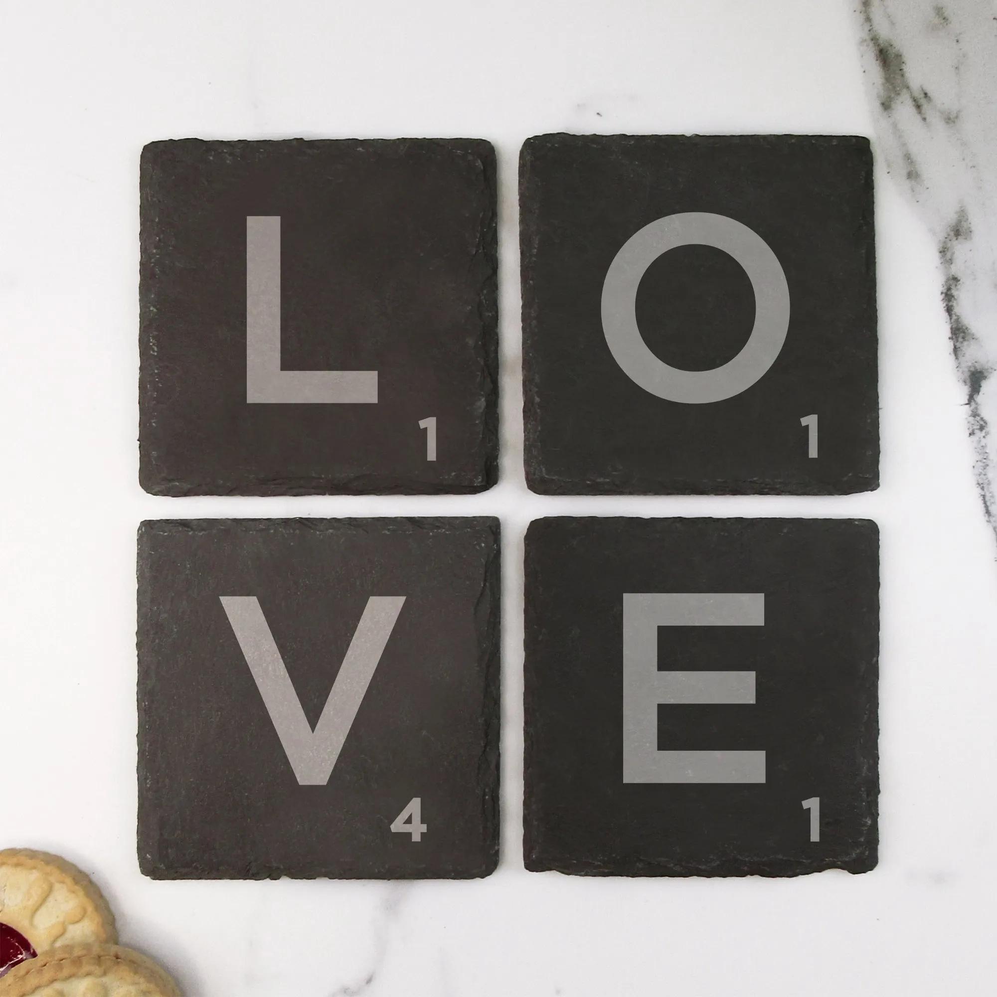 Set of 4 'LOVE' Slate Scrabble Letter Tile Alphabet Drinks Coasters