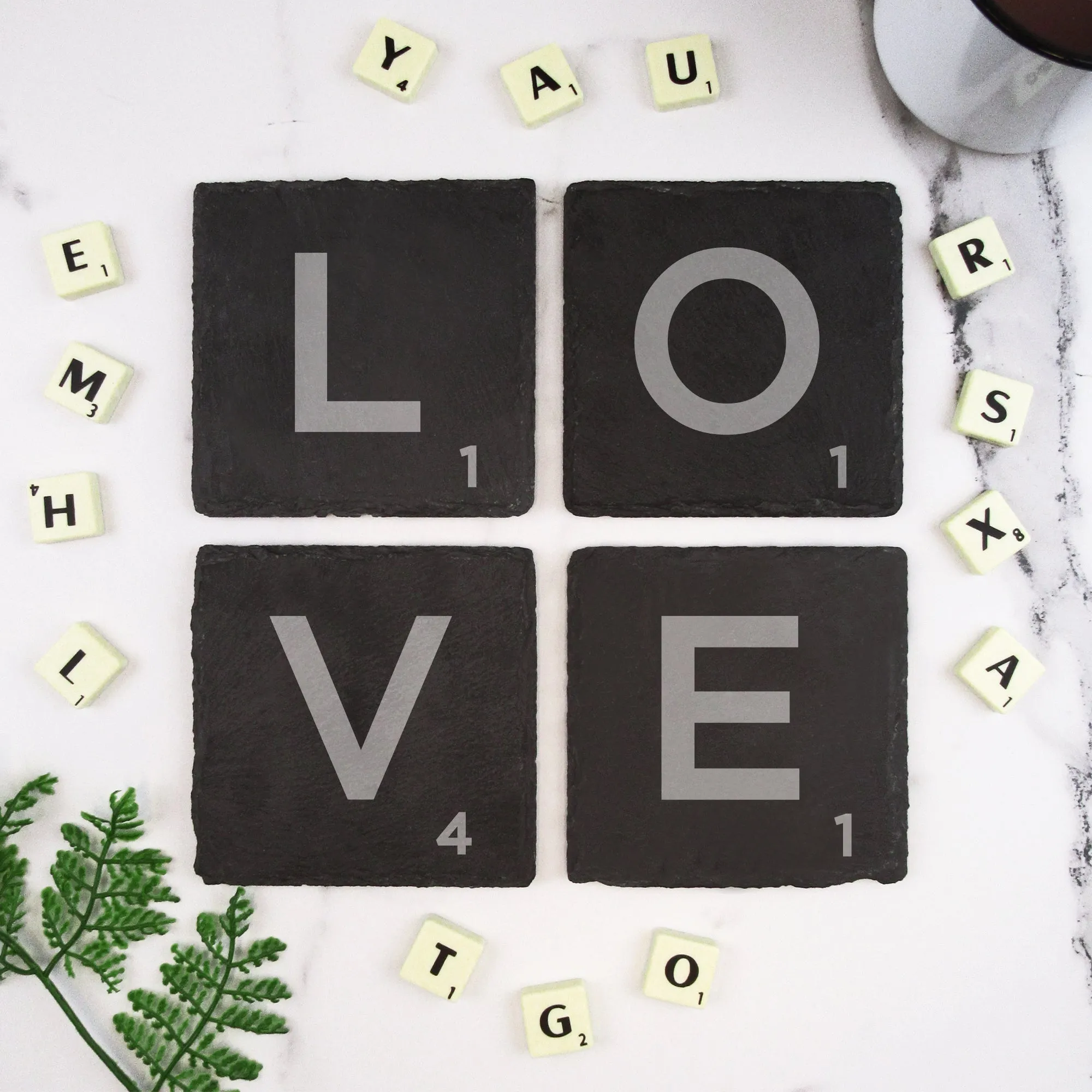 Set of 4 'LOVE' Slate Scrabble Letter Tile Alphabet Drinks Coasters