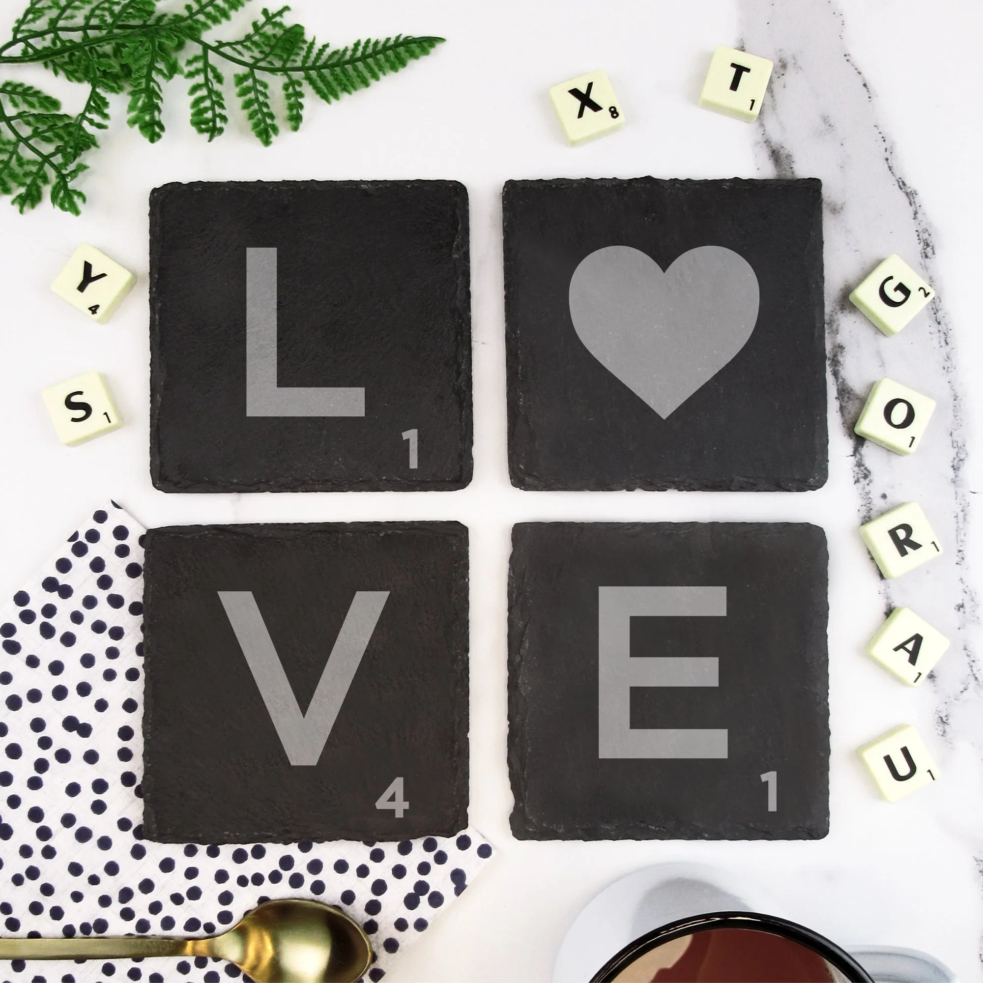 Set of 4 'LOVE' Slate Scrabble Letter Tile Alphabet Drinks Coasters