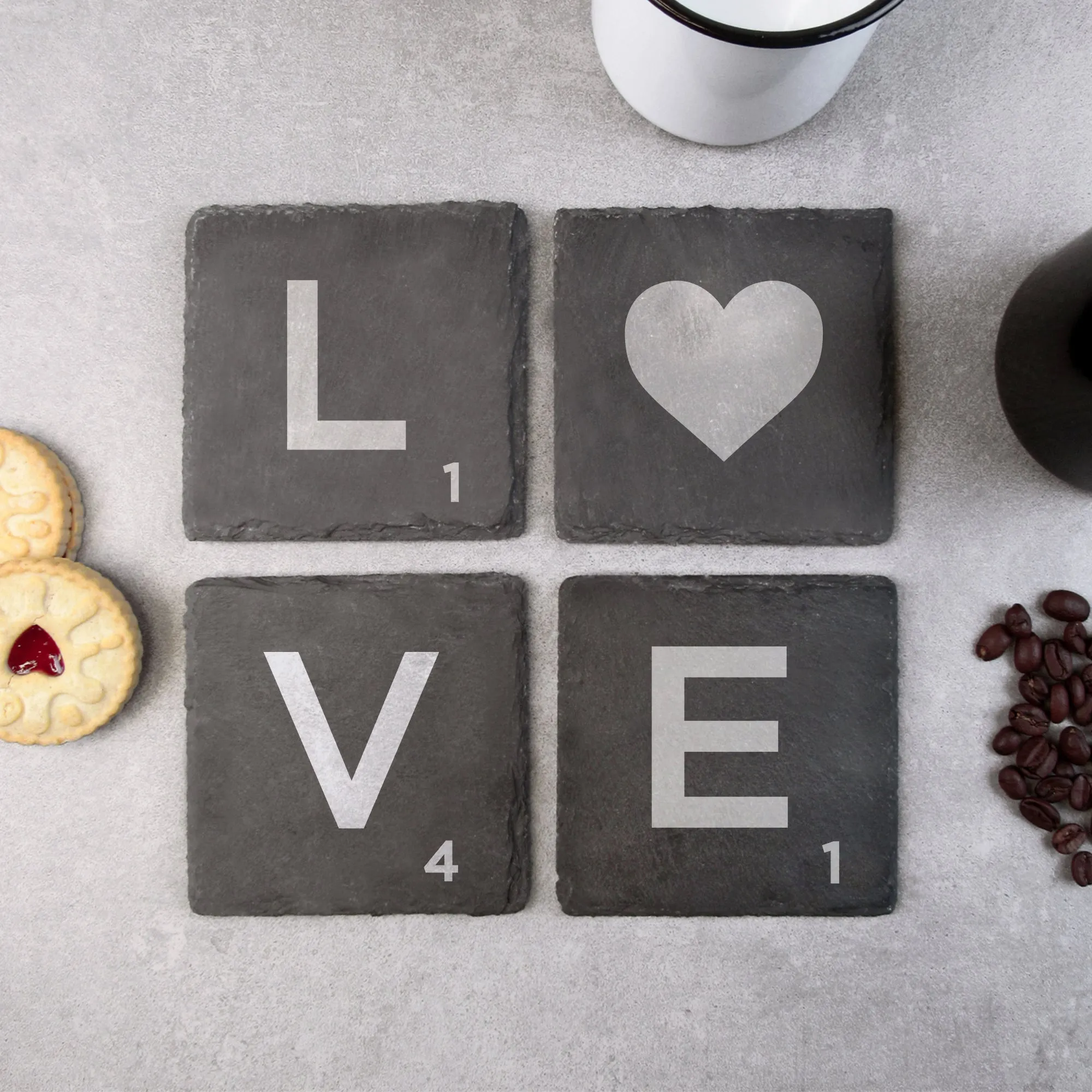 Set of 4 'LOVE' Slate Scrabble Letter Tile Alphabet Drinks Coasters