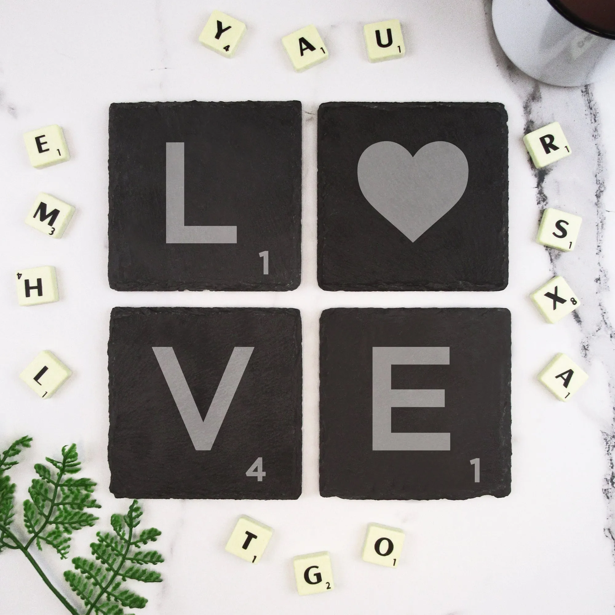 Set of 4 'LOVE' Slate Scrabble Letter Tile Alphabet Drinks Coasters