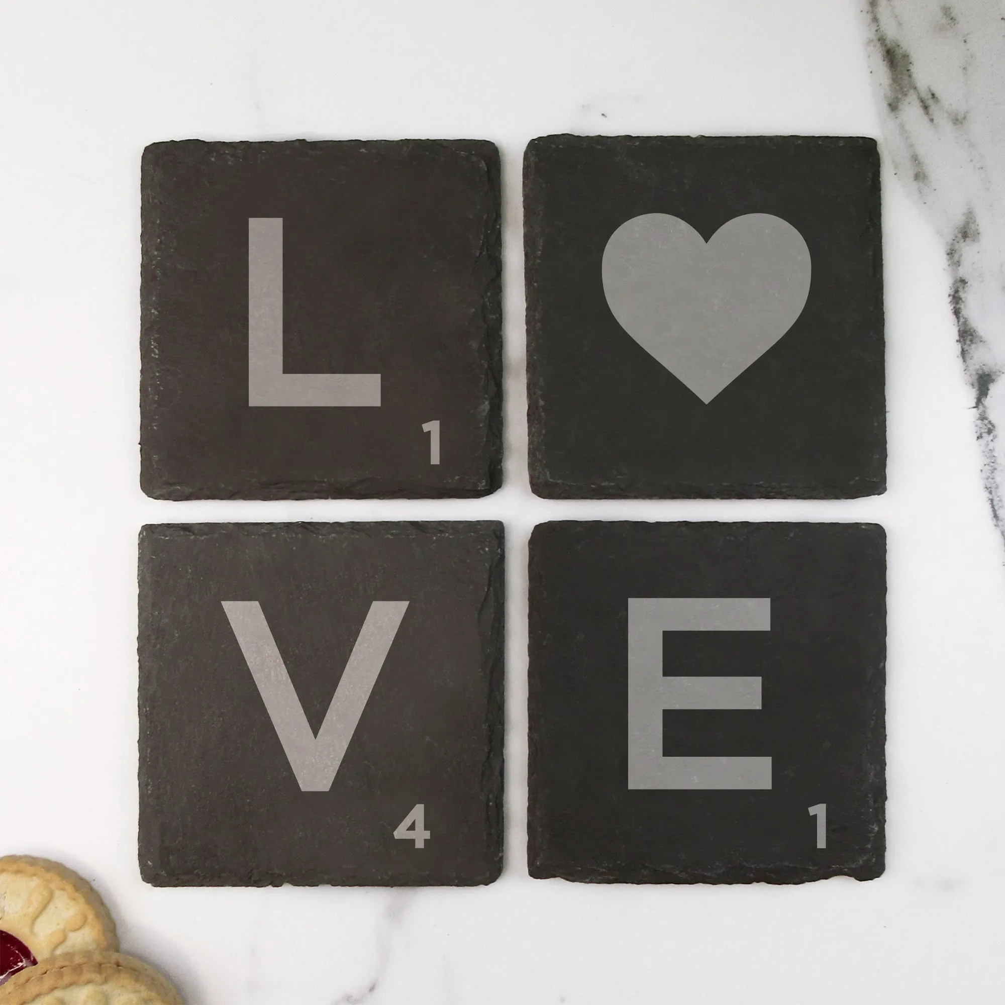 Set of 4 'LOVE' Slate Scrabble Letter Tile Alphabet Drinks Coasters