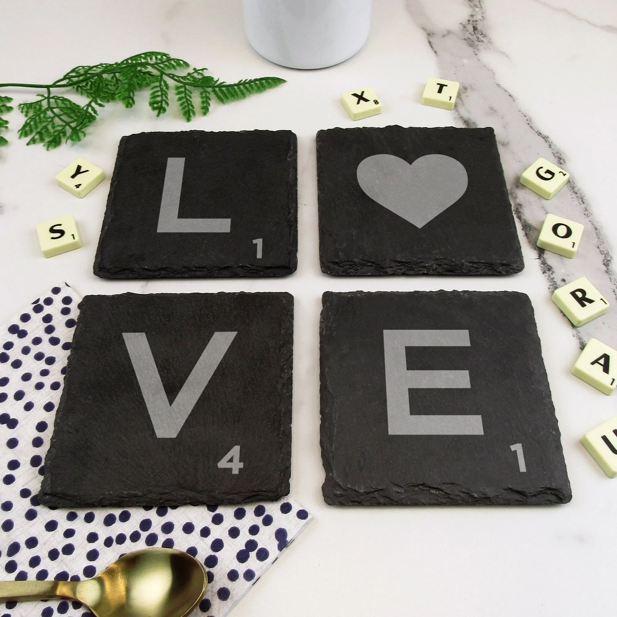 Set of 4 'LOVE' Slate Scrabble Letter Tile Alphabet Drinks Coasters