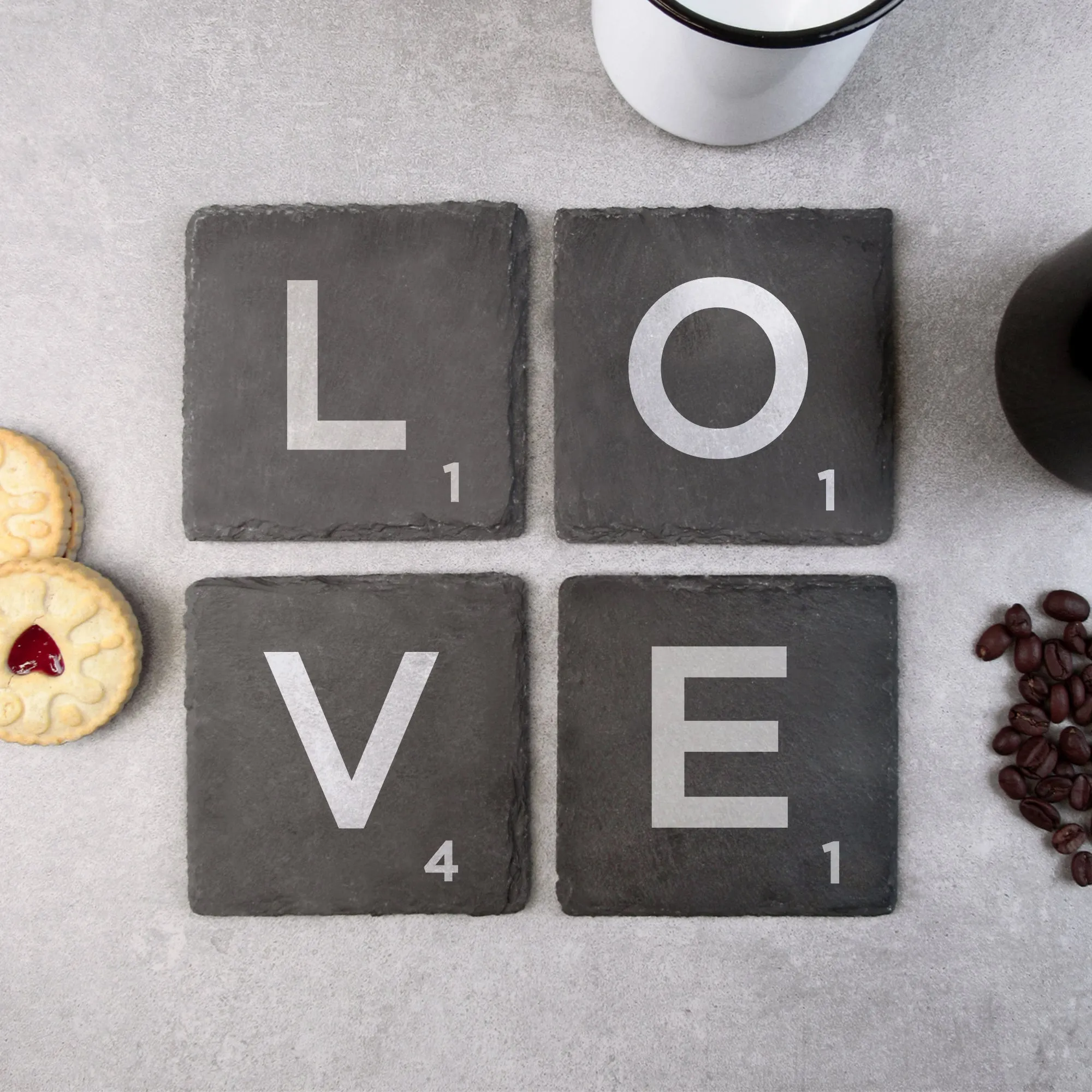 Set of 4 'LOVE' Slate Scrabble Letter Tile Alphabet Drinks Coasters