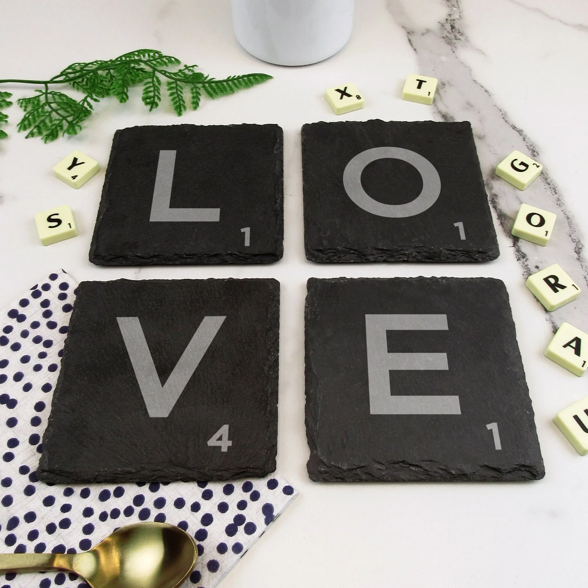 Set of 4 'LOVE' Slate Scrabble Letter Tile Alphabet Drinks Coasters