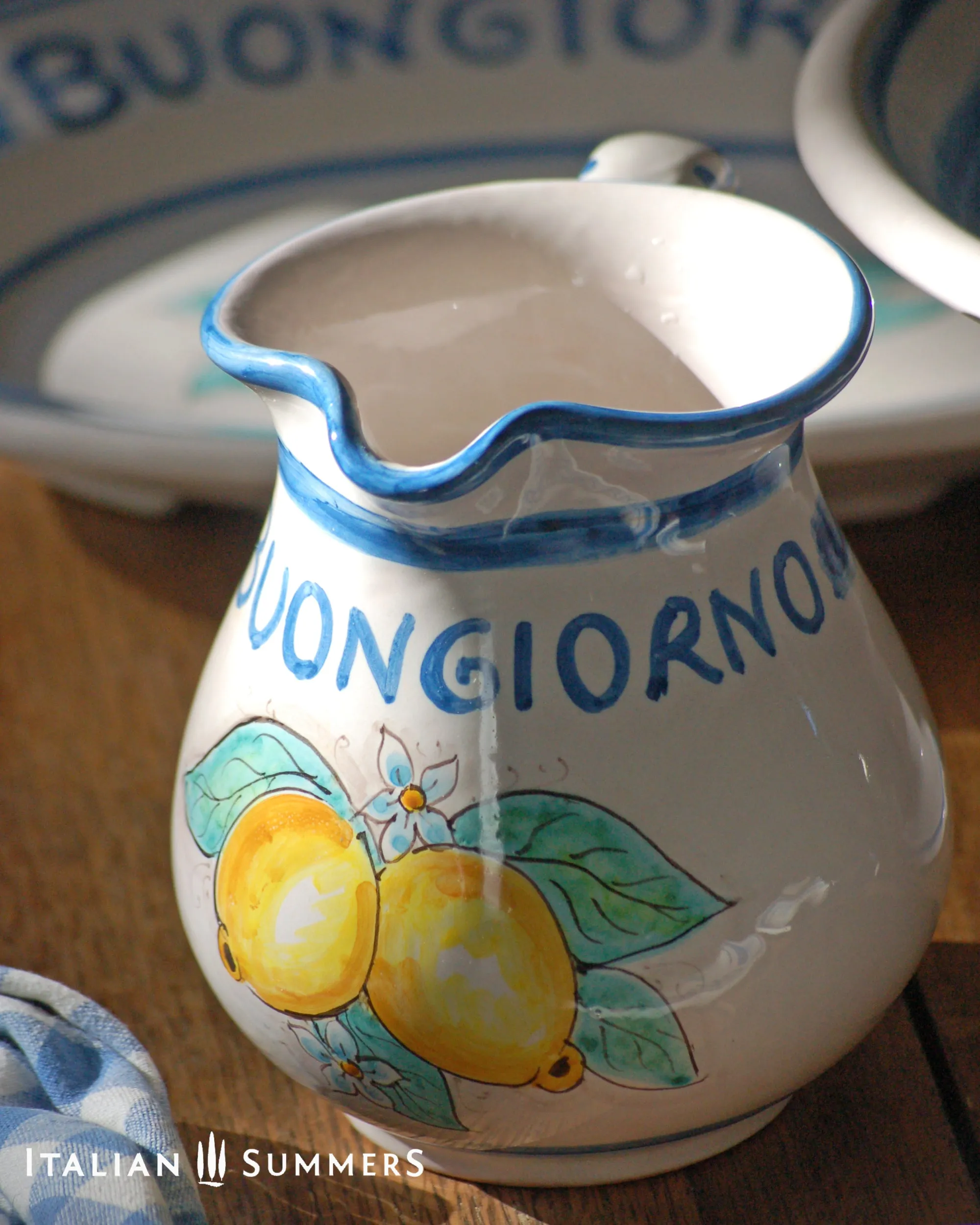 Sicilian ceramic carafe with BUONGIORNO  quote and Amalfi Coast lemons