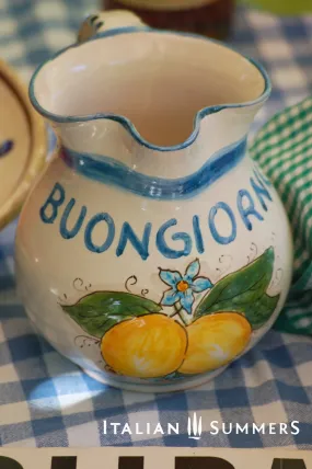 Sicilian ceramic carafe with BUONGIORNO  quote and Amalfi Coast lemons