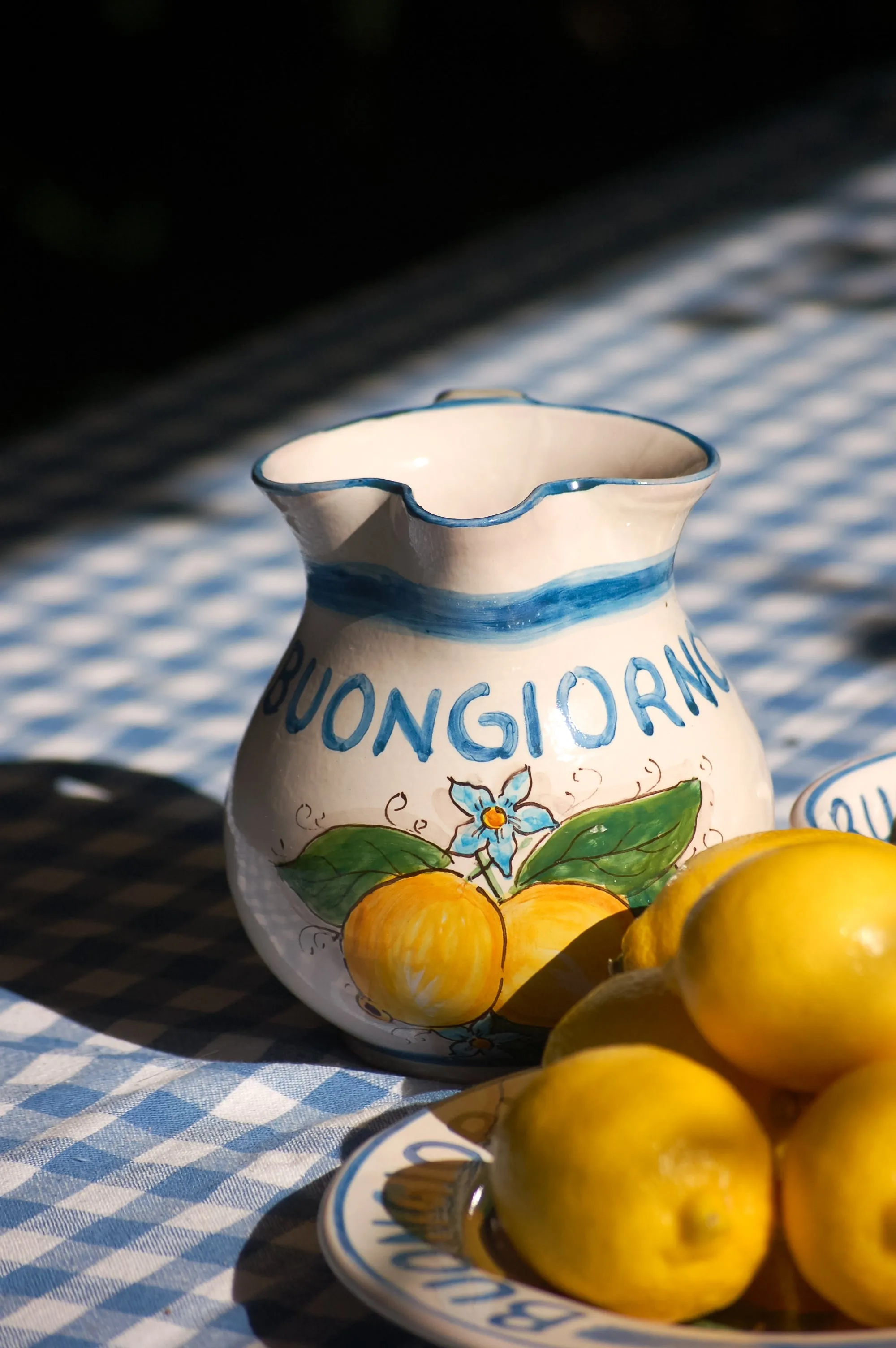 Sicilian ceramic carafe with BUONGIORNO  quote and Amalfi Coast lemons