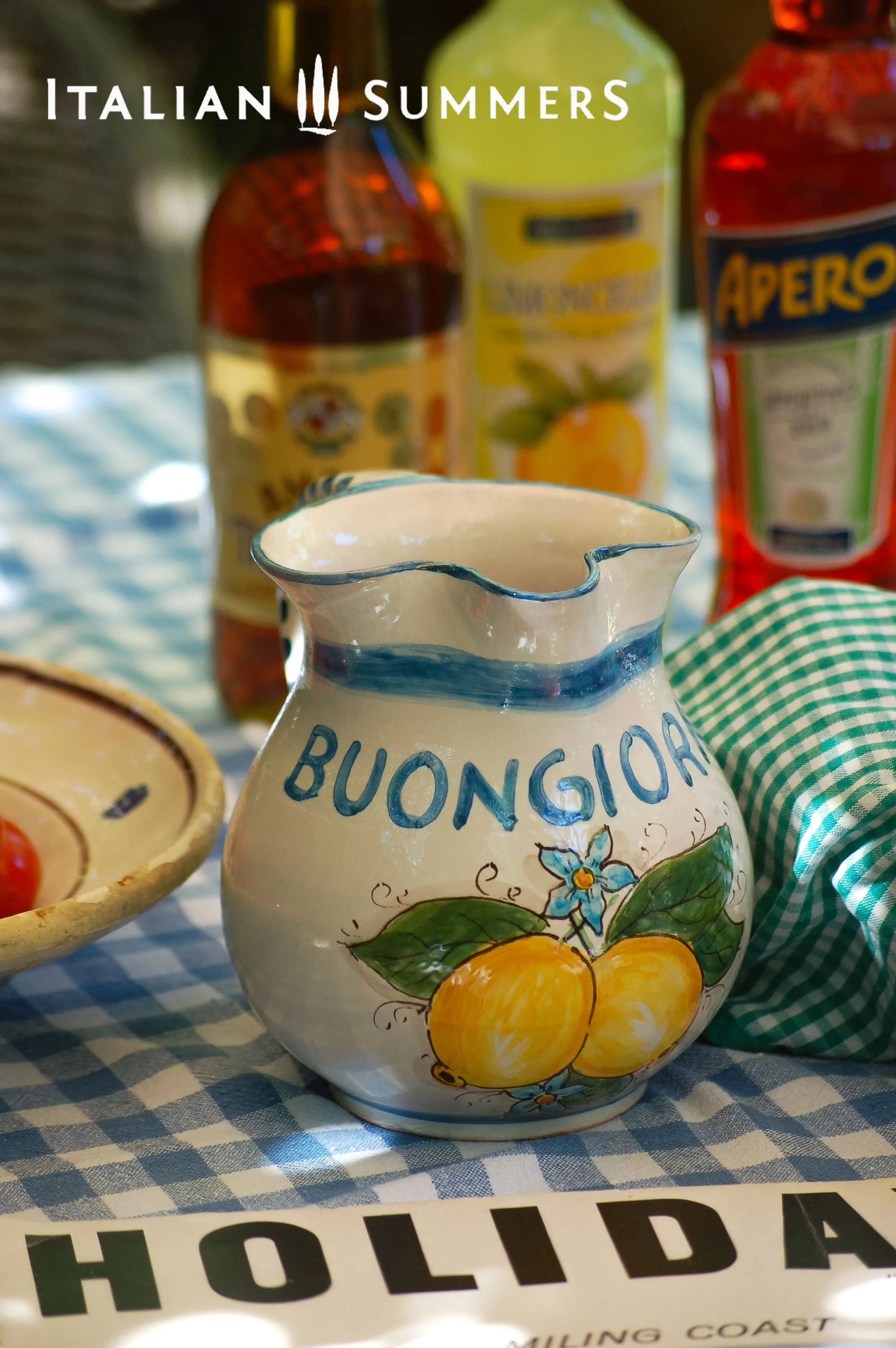 Sicilian ceramic carafe with BUONGIORNO  quote and Amalfi Coast lemons